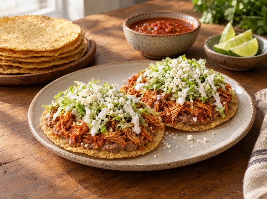 Tostadas de tinga con crema y queso