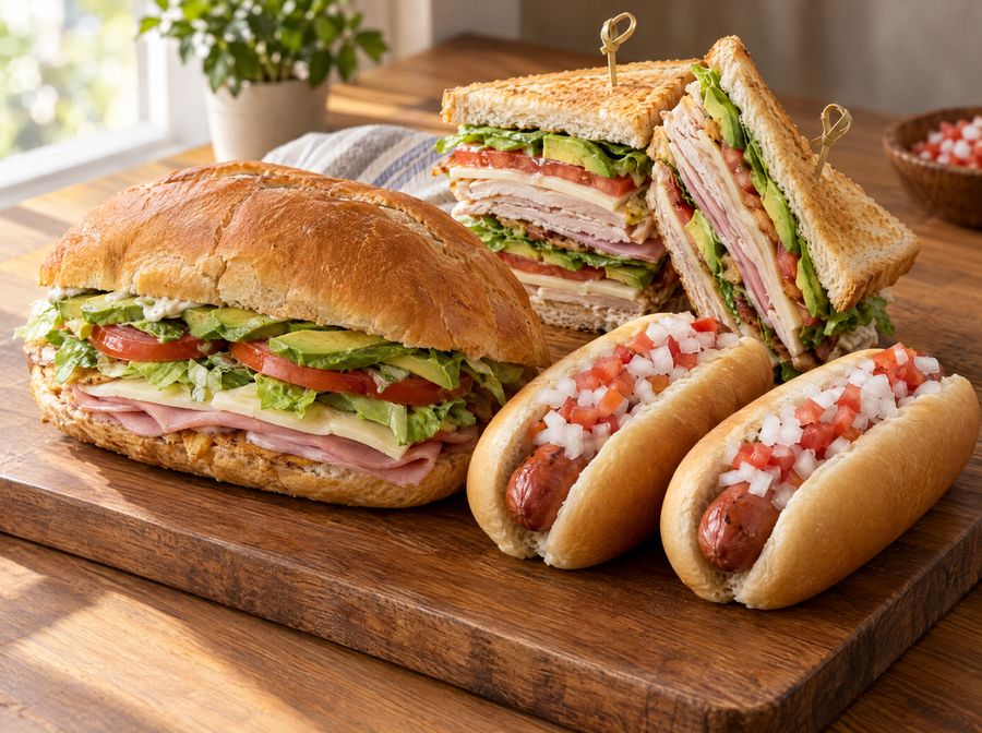 Torta, sándwich y hot dogs con jamón y salchicha