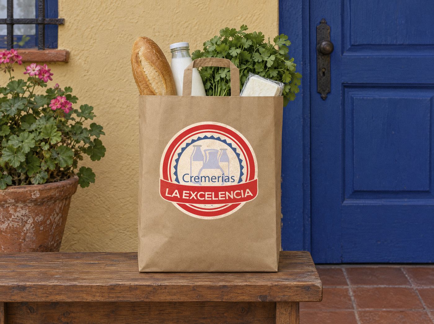 Bolsa de mandado de Cremerías La Excelencia en la puerta de una casa