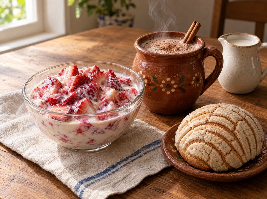 Fresas con crema y chocolate caliente