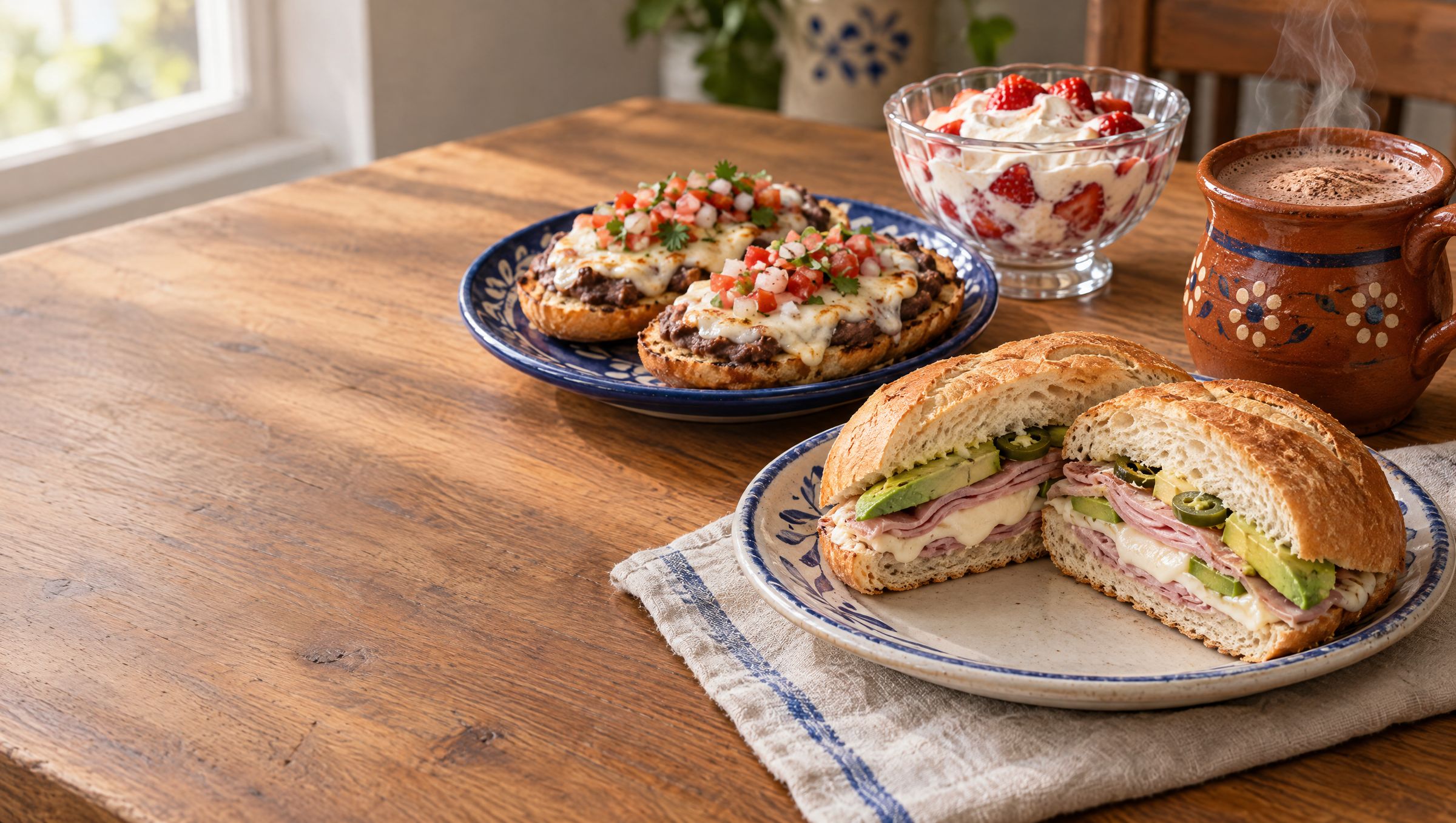Torta de jamón y queso, molletes, fresas con crema y chocolate caliente
