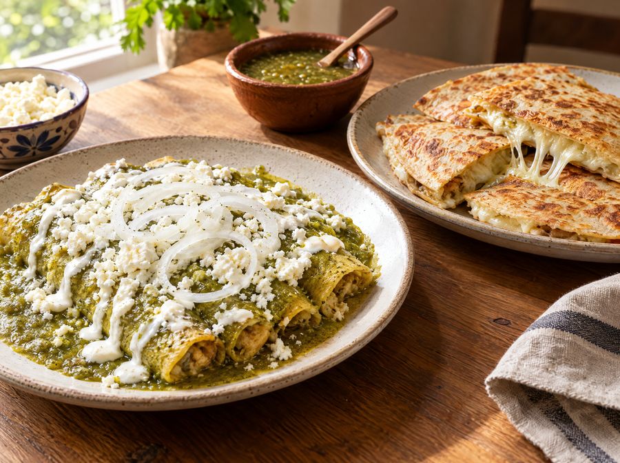 Enchiladas con queso fresco y crema, y quesadillas de queso Oaxaca